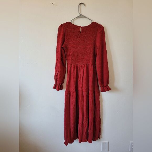 Red Peasant Dress Midi Smocked Puff Sleeve Cottagecore Tiered Maiden Milkmaid S - Picture 10 of 11